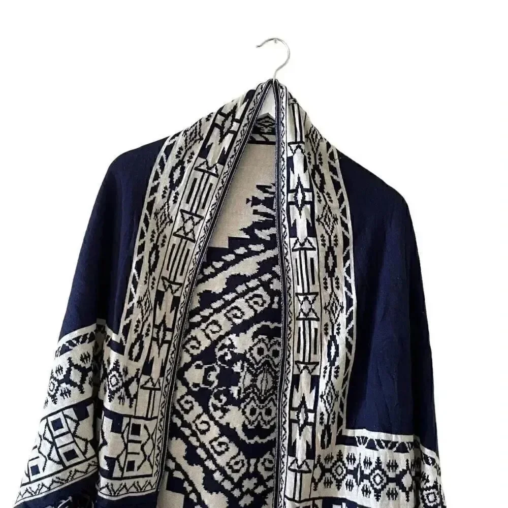 Reversible Shawl Women's Ruana Wrap  Bohemian Navy and Cream  One Size # 1496